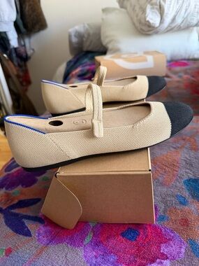 Rothy's Beige Canvas Mary Jane Flats with Black Toe Cap